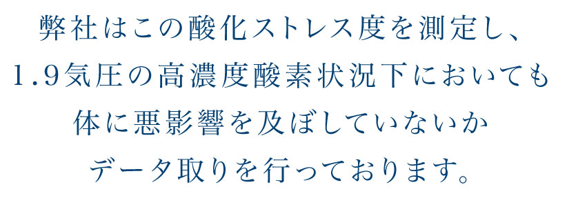 弊社はこの酸化ストレス度を測定し、1.9気圧の高濃度酸素状況下においても体に悪影響を及ぼしていないかデータ取りを行なっています。